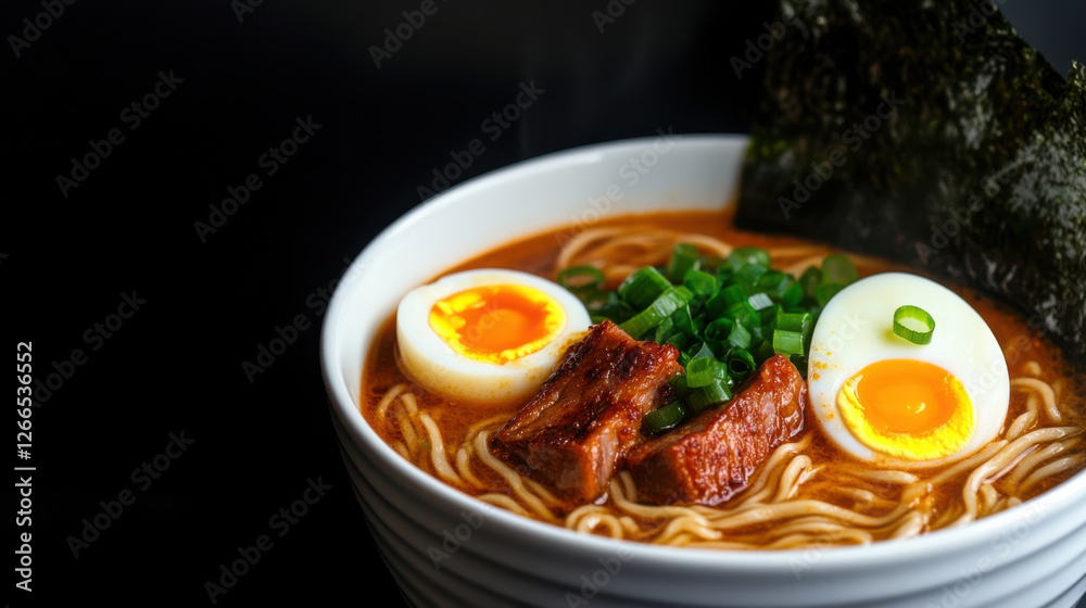 steaming bowl of spicy ramen with pork and eggs steaming bowl of spicy ramen with pork and eggs