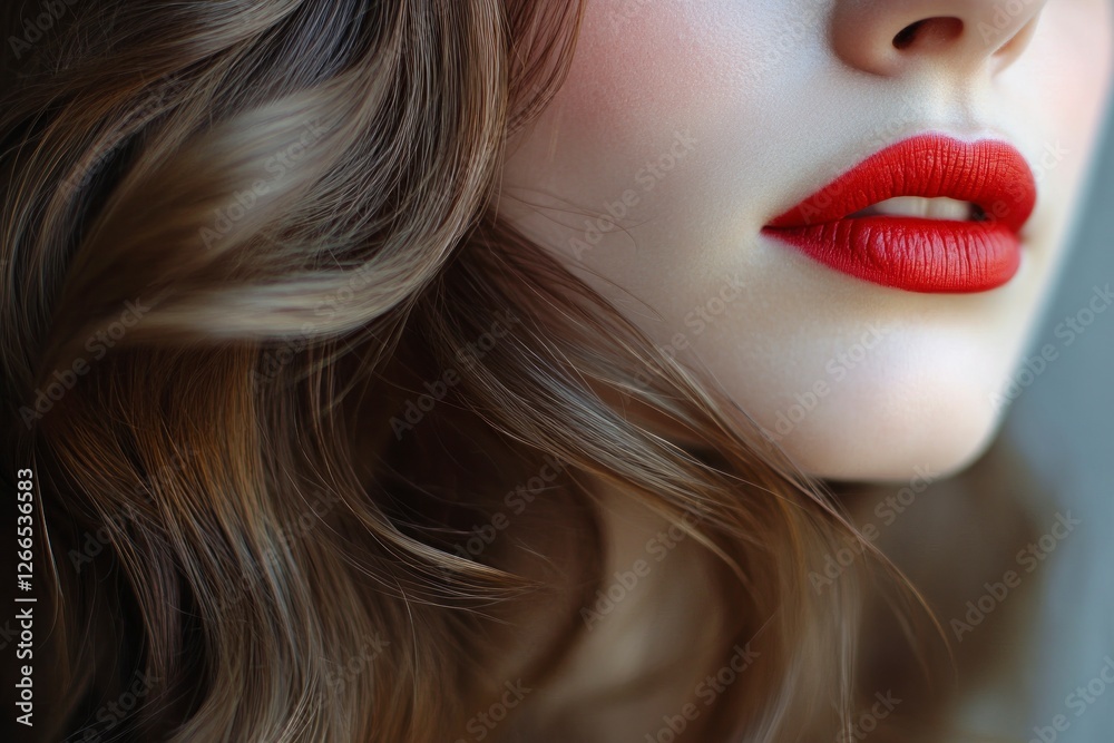 Naklejka premium Beautiful woman with long brown hair and red lipstick, hair styled in elegant waves, beauty salon advertisement banner background with copy space for text.