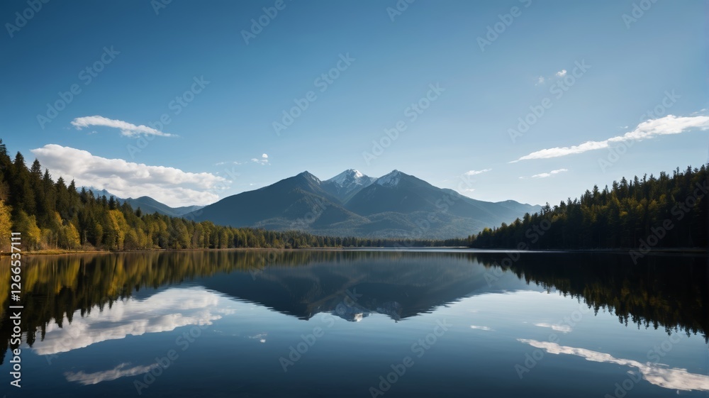 mountains reflected in a lake with trees and clouds mountains reflected in a lake with trees and clouds