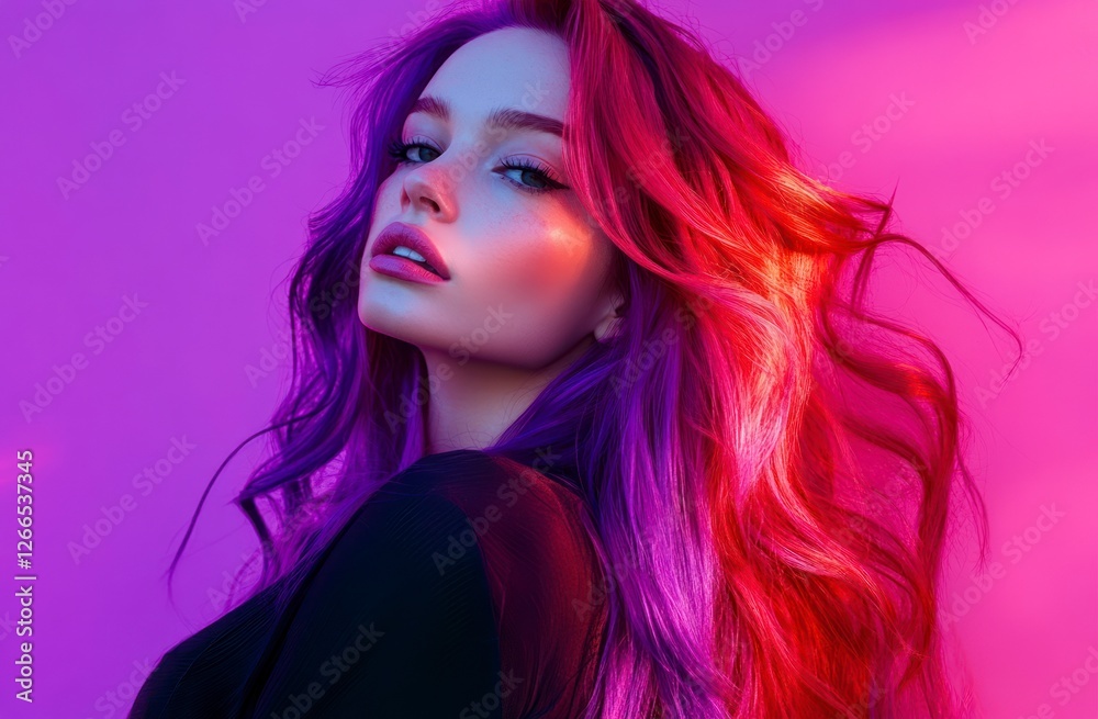 model with long, vibrant purple and red hair, styled in colorful waves that frame her face, showcasing the beauty of hair color design for a professional photoshoot. model with long, vibrant purple and red hair, styled in colorful waves that frame her face, showcasing the beauty of hair color design for a professional photoshoot.