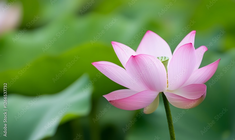 Obraz premium A pink lotus flower blooms, with a green leaf background, Generative AI