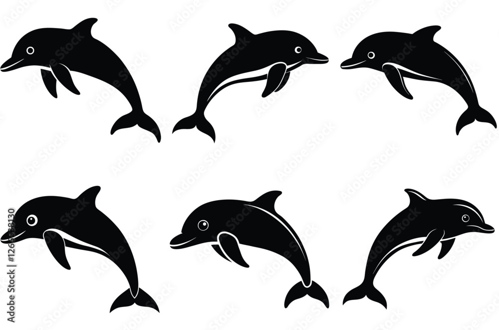 Fototapeta Dolphin jump silhouettes, playful dolphins silhouette vector set