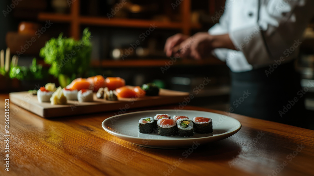 Fresh sushi plate on wooden counter with chef preparing Fresh sushi plate on wooden counter with chef preparing