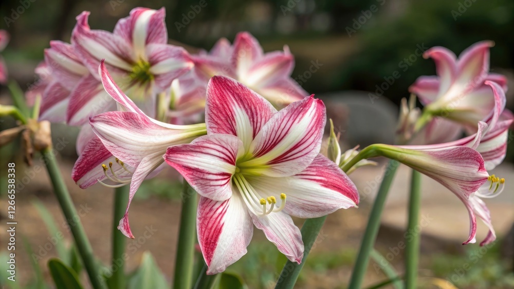Naklejka premium Deep pink and white striped daffodils, springtime flowers, delicate petals