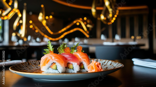 Wallpaper Mural Sushi platter with salmon and garnishes on stylish plate Torontodigital.ca