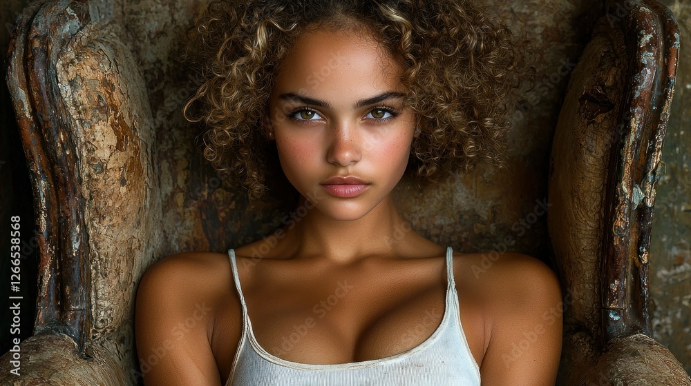 Fototapeta premium Stunning Portrait of a Young Woman with Curly Hair, Seated in a Vintage Chair