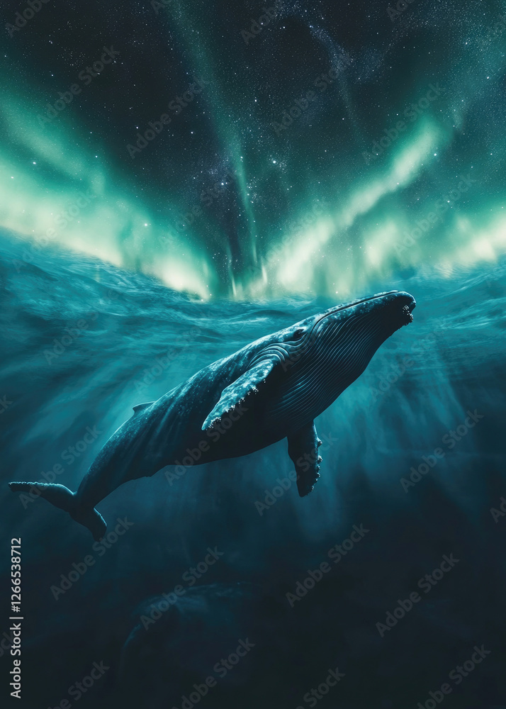 Fototapeta premium Whale swimming under northern lights in a magical ocean setting