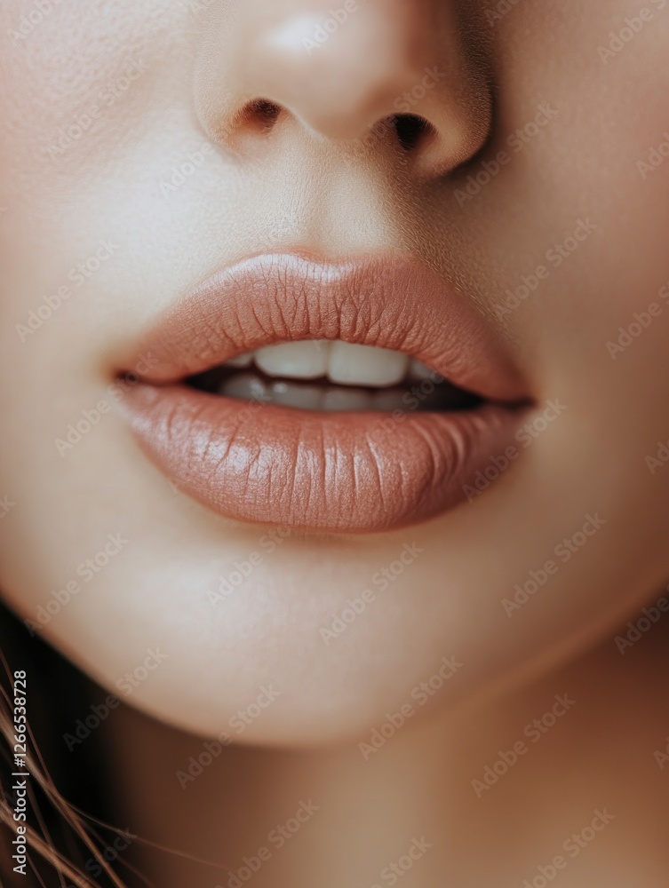 Fototapeta premium Close up of beautiful young woman's face with clear clear skin and beautiful lips with makeup for skin and body care.