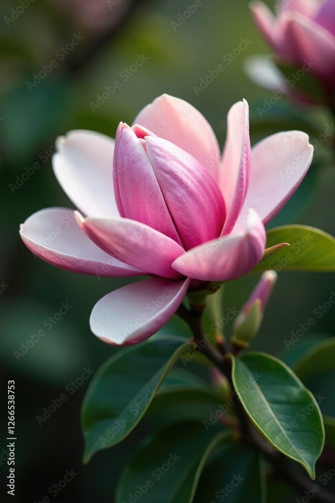 Delicate petals unfolding on a magnolia branch, foliage, magnolia Delicate petals unfolding on a magnolia branch, foliage, magnolia