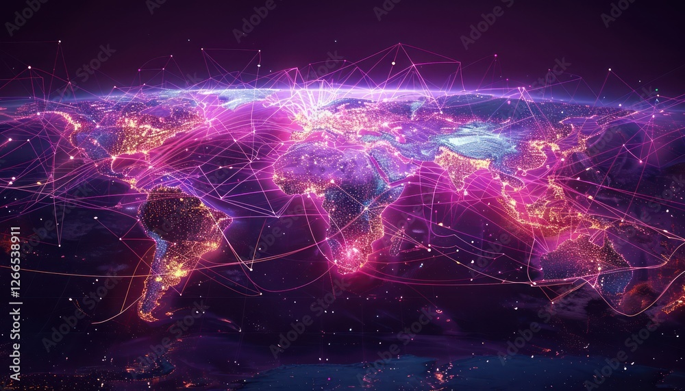 Wonderful world map futuristic telecommunication network, concept about global internet connection and information, communication with dynamic line purple flowing connecting between countries Wonderful world map futuristic telecommunication network, concept about global internet connection and information, communication with dynamic line purple flowing connecting between countries
