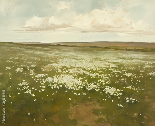 An oil painting depicts a meadow of white snowdrops with a grassy bank, dunes, and a grey sky photo