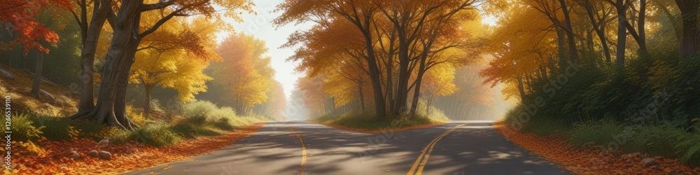 Obraz premium Dense foliage of changing leaves against a warm country road background, nature scenery, autumn forest landscape
