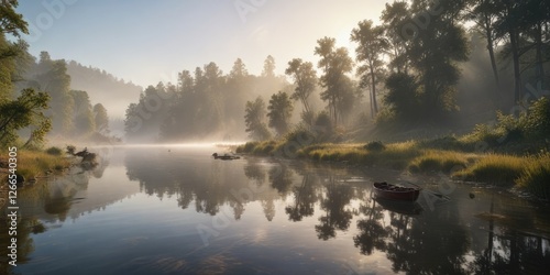 Early morning mist rising over a peaceful river as an angler casts his line into the water, atmosphere, morning fog