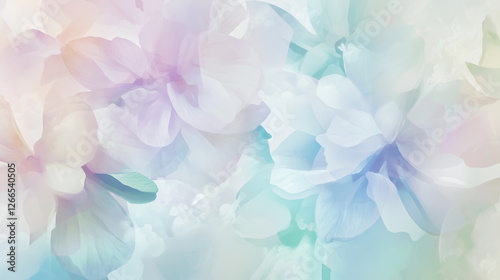 Soft pastel floral illustration with delicate flowers in lavender, baby blue, mint green, and pale pink. Ethereal watercolor textures, flowing petals, and dreamy gradients create a calming, elegant ae