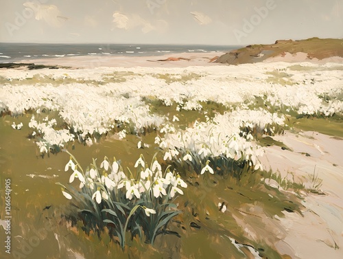 An oil painting depicts a meadow of white snowdrops with a grassy bank, dunes, and a grey sky photo