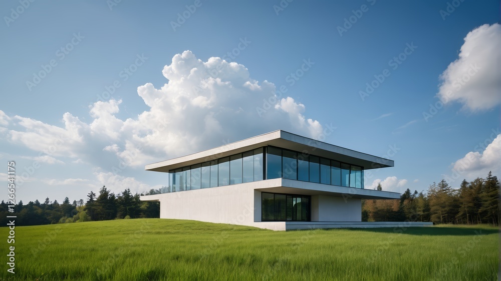 Obraz premium there is a large white building with a glass front on a grassy hill