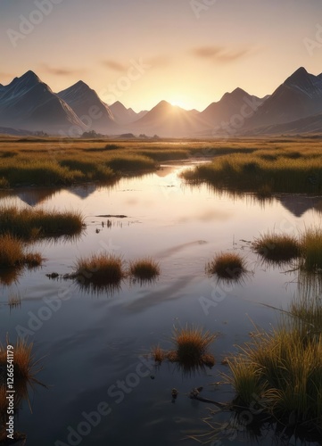 Evening sun casts long shadows across a marsh with a mountain range in the background, late afternoon light, soft focus