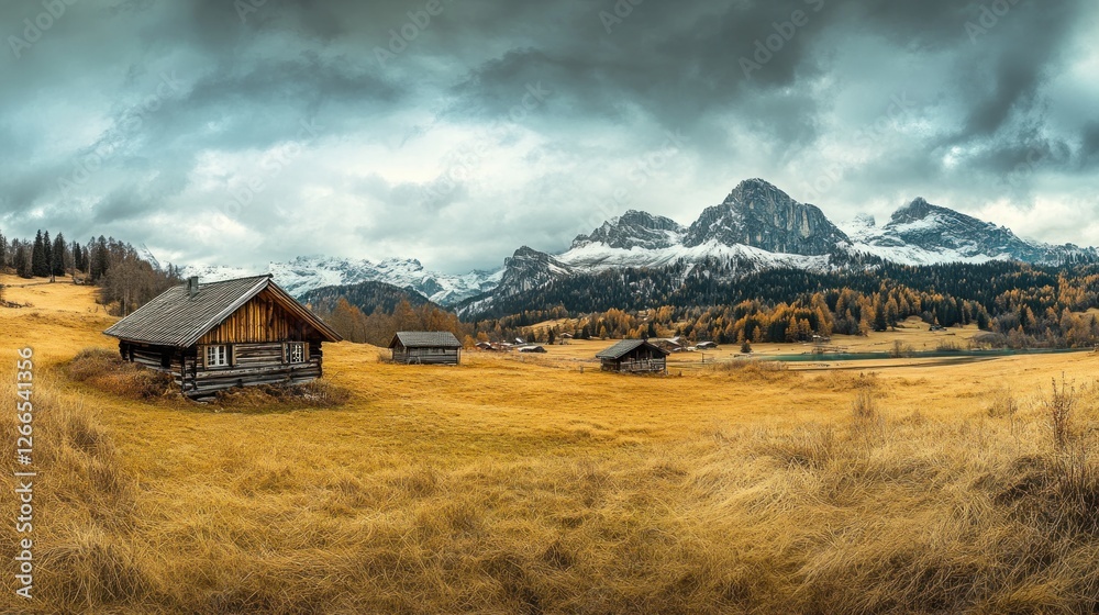A serene landscape featuring wooden cabins amidst golden grass and majestic mountains. A serene landscape featuring wooden cabins amidst golden grass and majestic mountains.