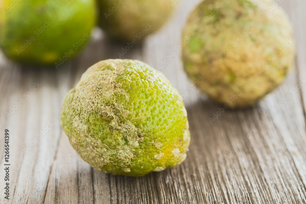 Panamanian Limon Mandarina (Lemon mandarin), a juicy sour citrus fruit, photographed on wooden surface (Selective Focus, Focus on the front of the fruit) Panamanian Limon Mandarina (Lemon mandarin), a juicy sour citrus fruit, photographed on wooden surface (Selective Focus, Focus on the front of the fruit)