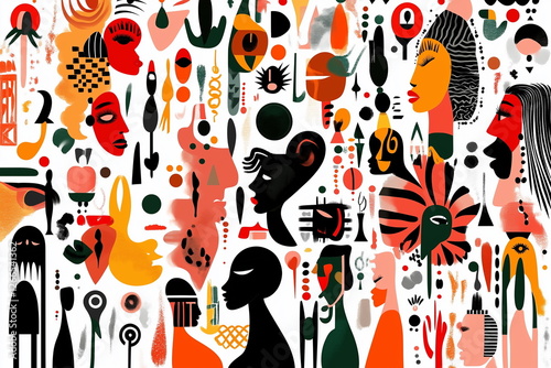 An abstract illustration celebrating Black History Month with bold colors like red, green, yellow, and black. The design features dynamic shapes, fluid patterns, and cultural elements symbolize unity.