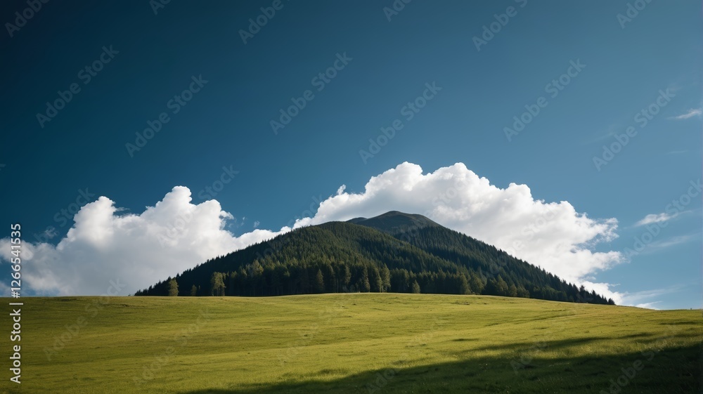 Fototapeta premium there is a large grassy field with a mountain in the background