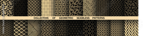 Geometric set of seamless black and golden patterns. Simple vector graphics
