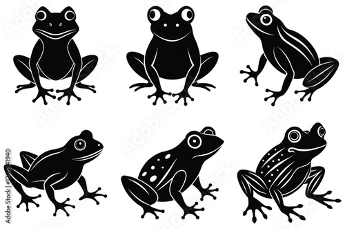 Frog jump silhouettes, Drawing cute frog silhouette vector set photo