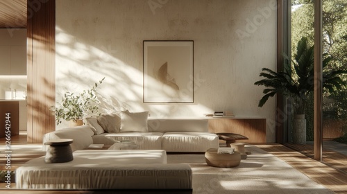 A serene living room with natural light, plants, and minimalist decor.