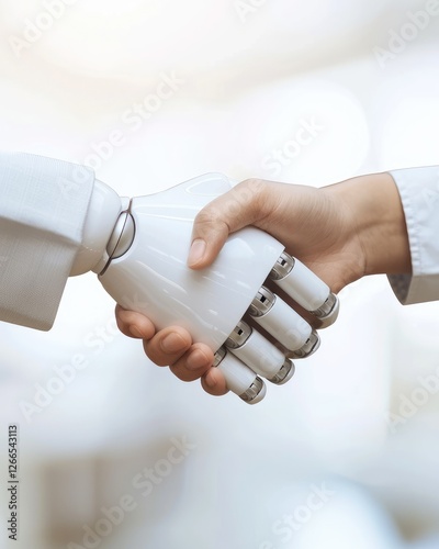 A human hand shakes a robotic hand, symbolizing collaboration between technology and humanity.