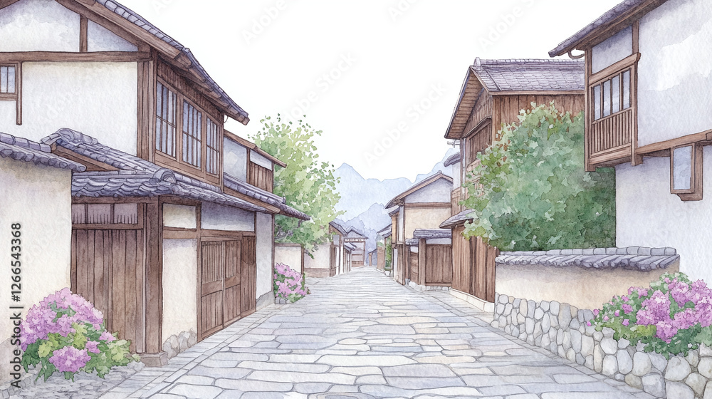 Watercolor Painting of a Quaint Japanese Village Street