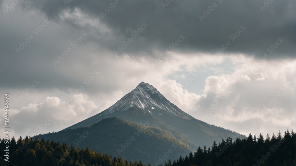 mountains with a snow covered peak in the distance under a cloudy sky mountains with a snow covered peak in the distance under a cloudy sky