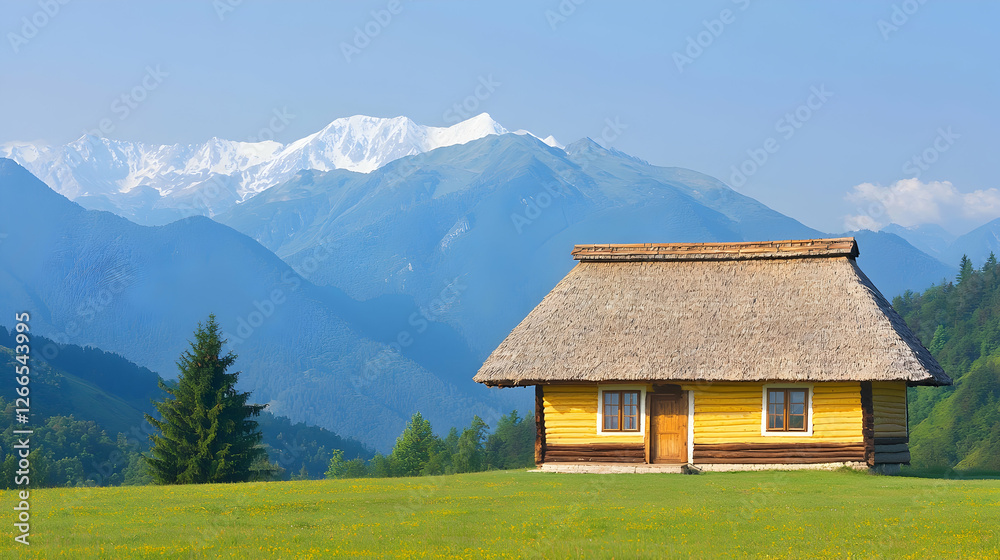 Yellow cabin, mountain view, rural landscape, summer day Yellow cabin, mountain view, rural landscape, summer day