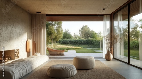 A serene living space with minimalist design and a view of a lush garden.