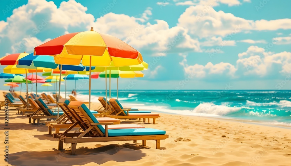 Fototapeta premium Beach Lounge Chairs Under Colorful Umbrellas Sunny Ocean View