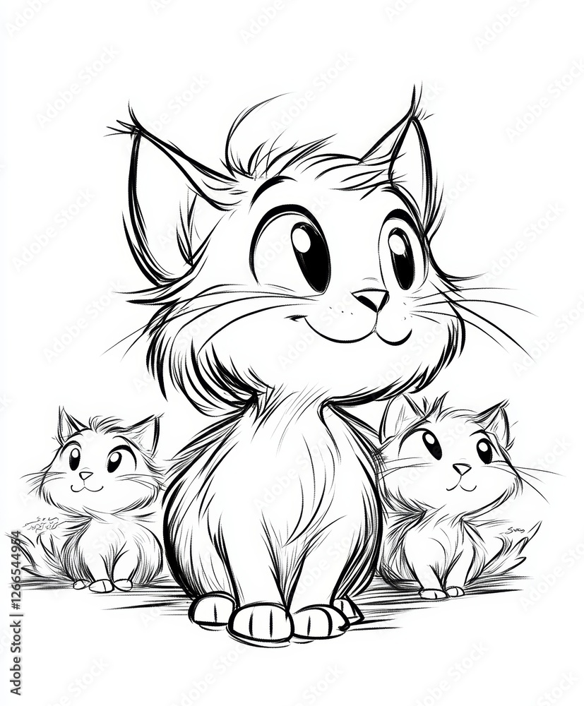 Fototapeta premium Adorable Mother Cat and Kittens - Cute Cartoon Illustration