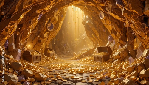 A Magical Golden Cave Filled with Treasure Chests and Sparkling Coins
