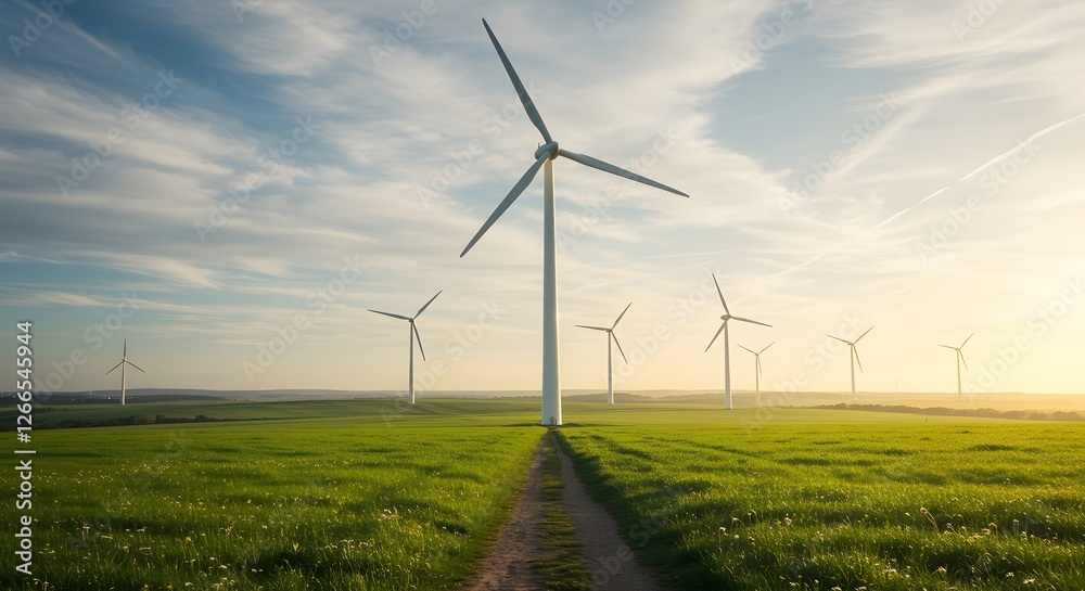 Wind Turbines in Green Field at Sunset Landscape Photo Wind Turbines in Green Field at Sunset Landscape Photo