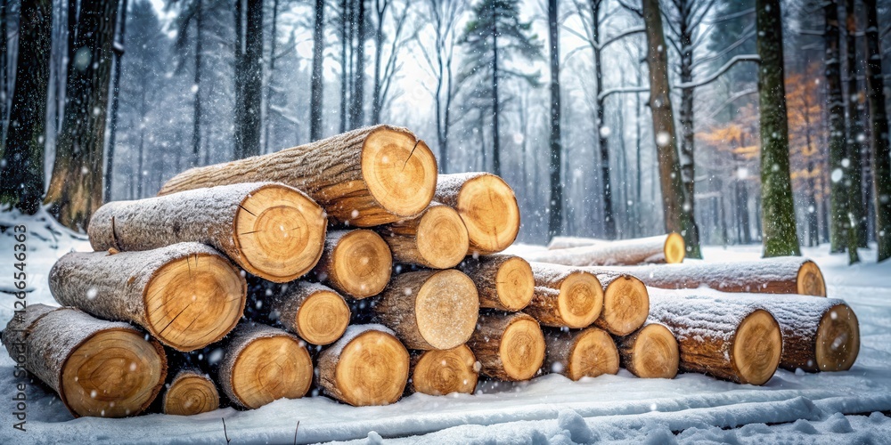 A stack of weathered wood logs and stumps scattered on the snowy forest ground, with snowflakes gently falling onto them A stack of weathered wood logs and stumps scattered on the snowy forest ground, with snowflakes gently falling onto them