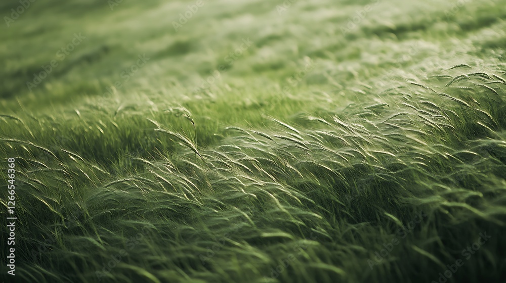 Lush green wheat field gently swaying in the breeze, backlit by sunlight. Lush green wheat field gently swaying in the breeze, backlit by sunlight.