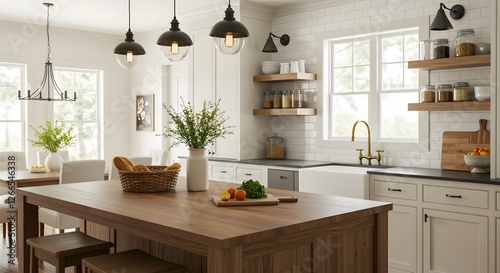 Modern Farmhouse Kitchen Design with Wood Island and Brass Faucet