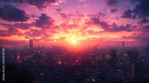 Wallpaper Mural Cityscape sunset, vibrant clouds, urban panorama, evening glow, promotional use Torontodigital.ca