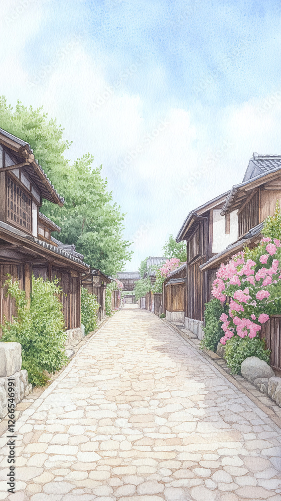 Japanese Village Street Watercolor Painting Japanese Village Street Watercolor Painting
