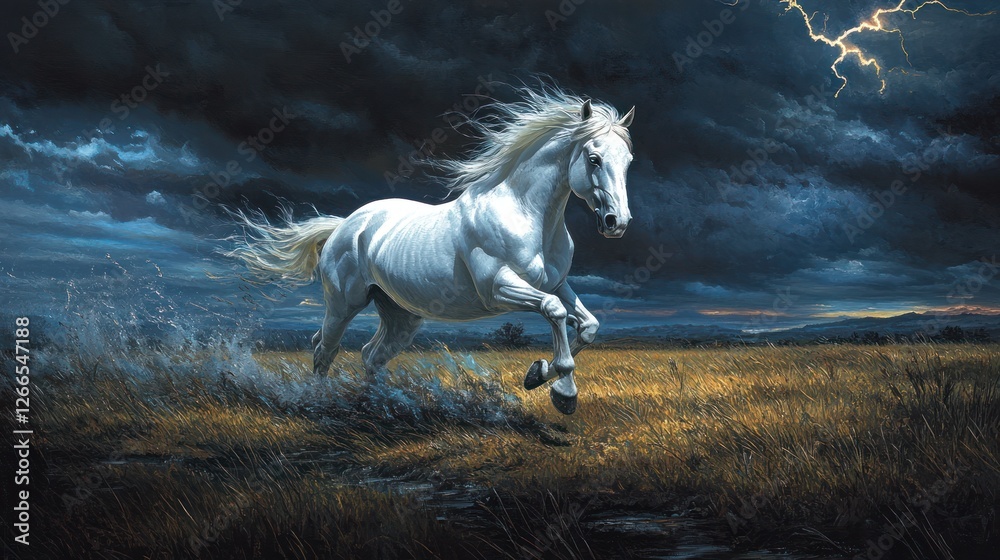 White horse galloping, storm background, prairie landscape, dramatic art