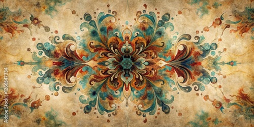 Distressed organic shapes blend into a swirling vortex of abstract geometric patterns reminiscent of Rorschach inkblots on textured paper , textured paper, inkblot