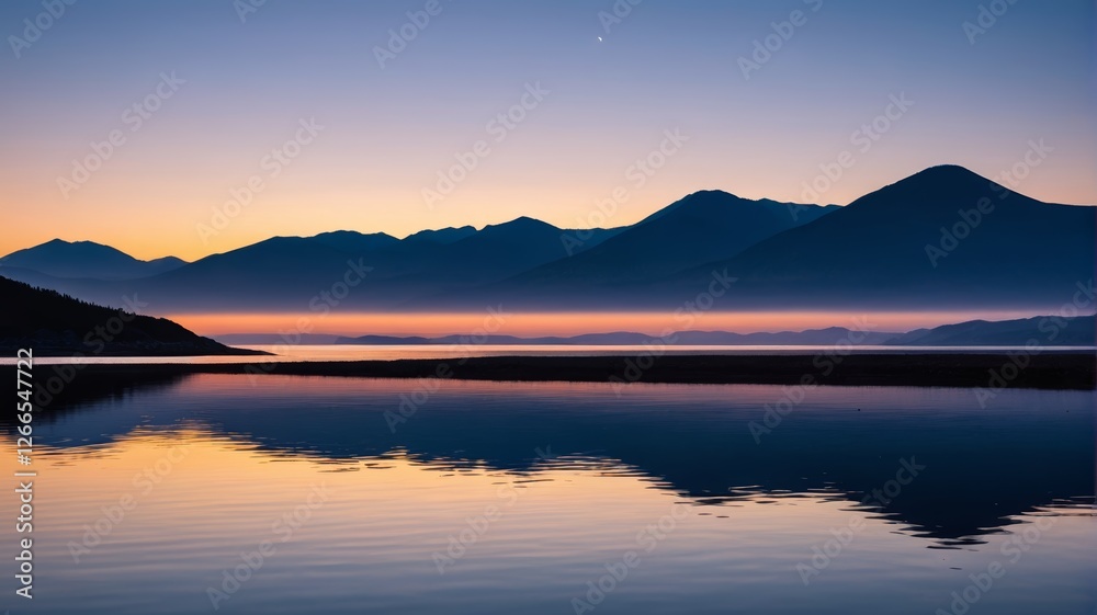 mountains are reflected in the water at sunset with a moon mountains are reflected in the water at sunset with a moon