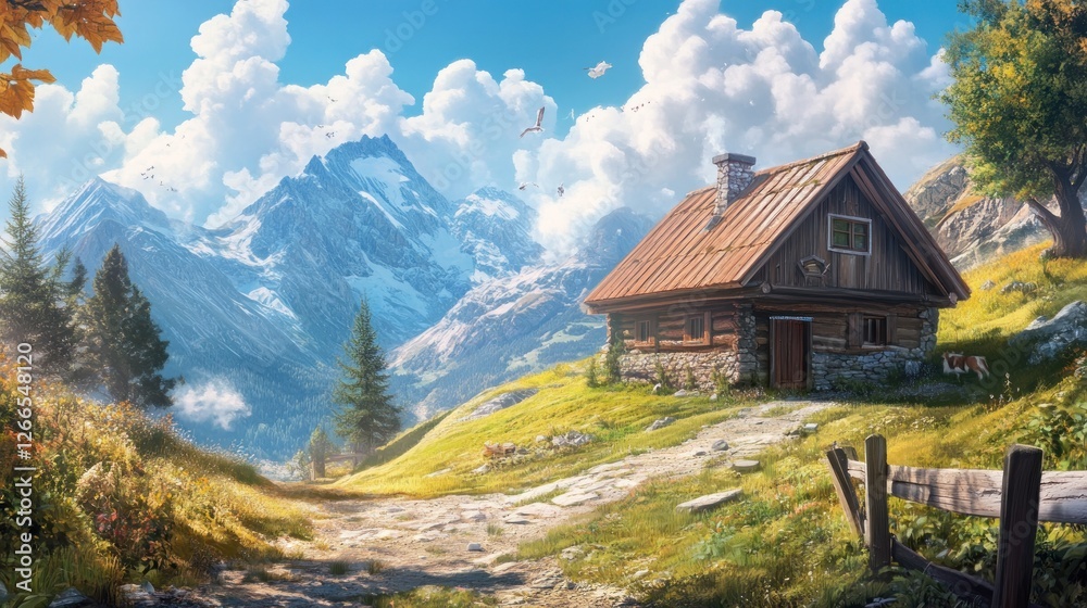 A serene mountain landscape featuring a cozy cabin amidst lush greenery and majestic mountains. A serene mountain landscape featuring a cozy cabin amidst lush greenery and majestic mountains.