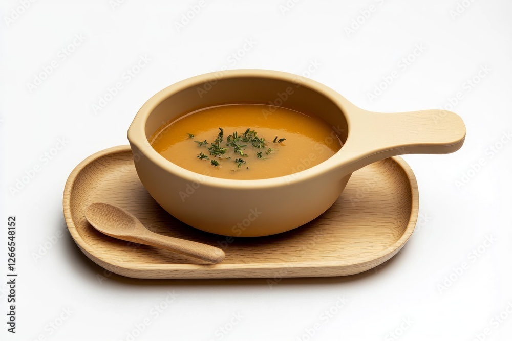 baby bowl with the handle of one side and two ends, filled with soup. The inside is beige matte plastic material, while outside it has wooden edges for holding. baby bowl with the handle of one side and two ends, filled with soup. The inside is beige matte plastic material, while outside it has wooden edges for holding.