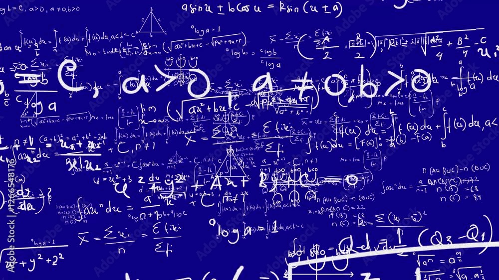Animated math, science, and physics formulas in blue screen background, animated mathematical equation calculations suitable for motion graphics about critical thinking and ideas.