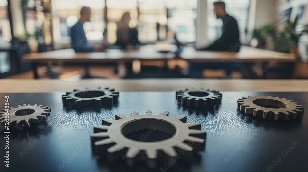 Fototapeta premium Gears on a Table with Business Meeting in Background at Office