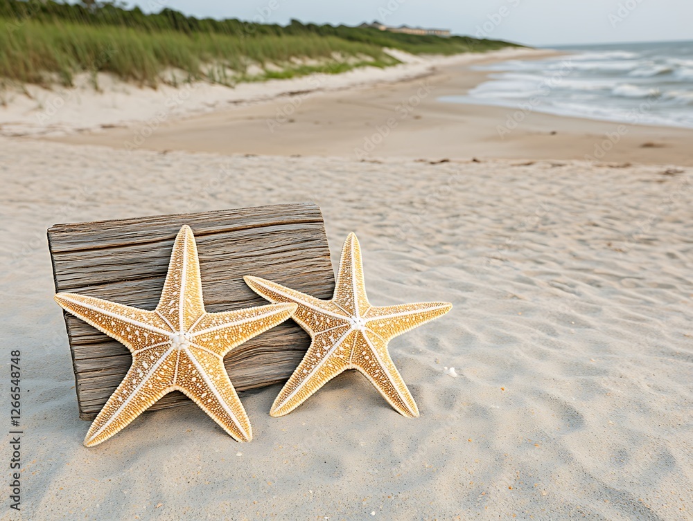 Starfish display on sand by ocean. Waves/dunes background. For summer vacation or coastal decor Starfish display on sand by ocean. Waves/dunes background. For summer vacation or coastal decor